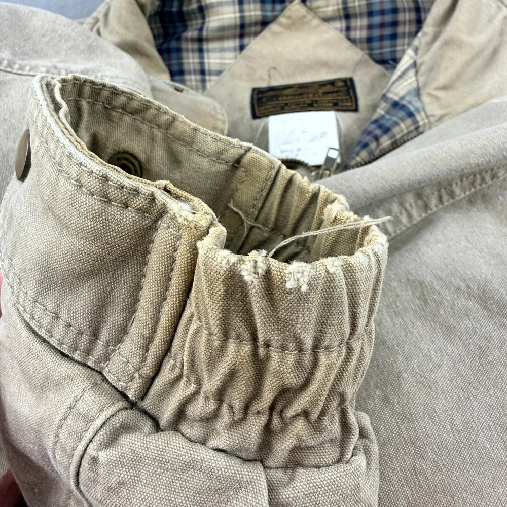 Eddie Bauer Mens XXL Tall Goose Down Bomber Jacket‎ Tan Cotton Plaid Lining Vtg